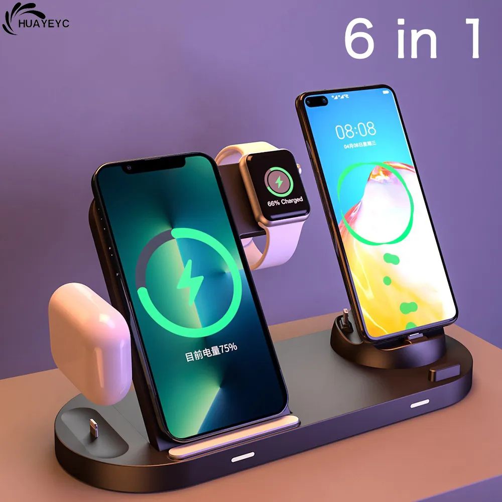 6-in-1 Qi Wireless Fast Charging Hub for iOS, Type-C, Android